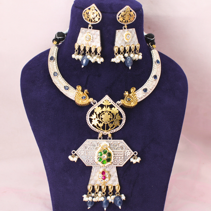 RAJWADI DUAL-TONE PACHI KUNDAN NECKLACE SET