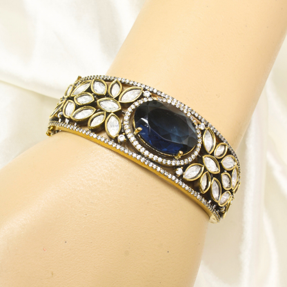 POLKI MOISSANITE BIG STONE ANTIQUE GOLDEN BRACELET-BLUE