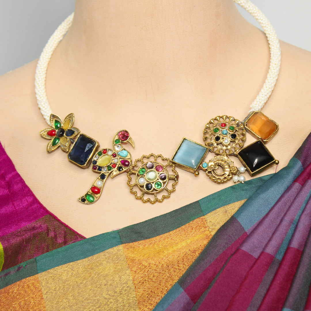 KUNDAN AND STONE DUAL-TONE FUSION NECKLACE