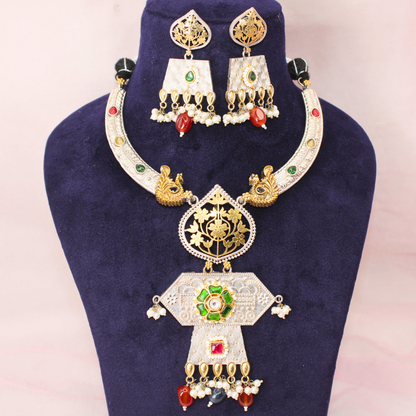 RAJWADI DUAL-TONE PACHI KUNDAN NECKLACE SET