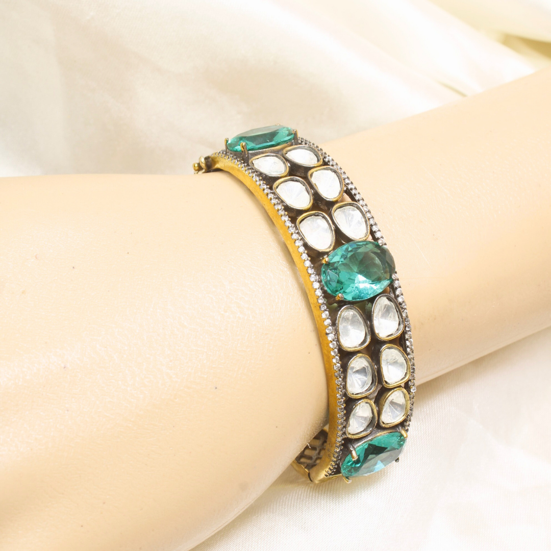 POLKI MOISSANITE ANTIQUE GOLDEN BRACELET-TURQUOISE