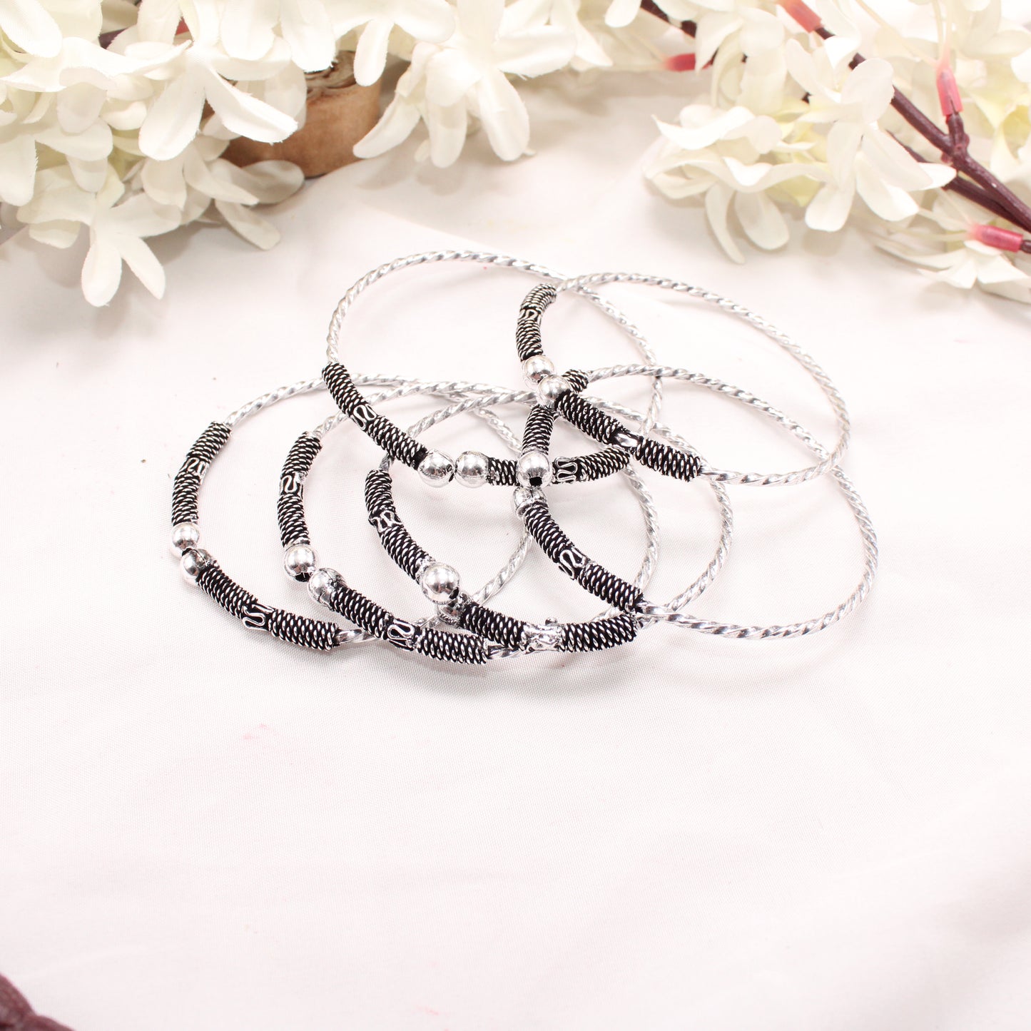 SILVER REPLICA THIN BANGLES (SET OF 6)