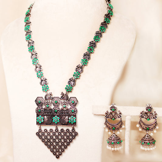 SINGLE-LADI LONG HAAR-NECKLACE SET IN GREEN COLOUR WITH BIG JHUMKI EARRINGS FROM PARAMPARA COLLECTION -Necklaces