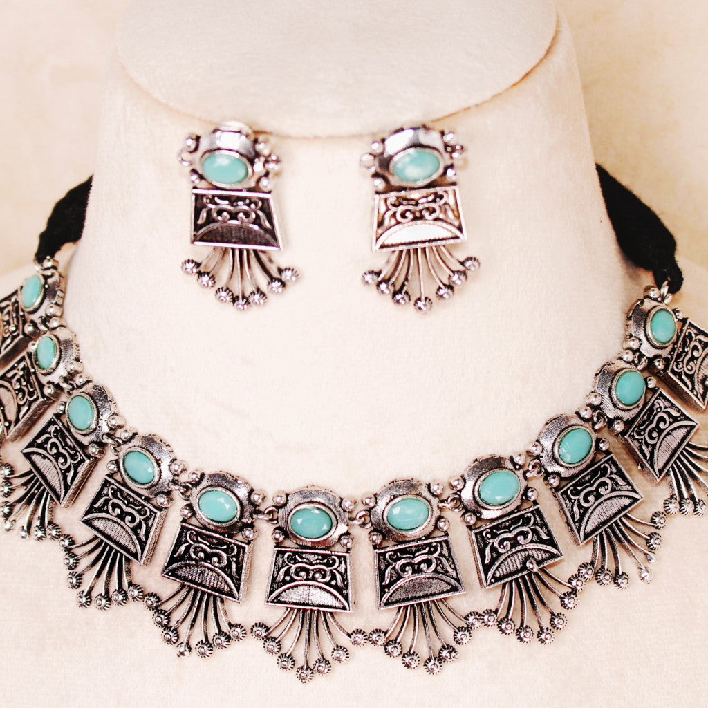 NAVRATRI SPECIAL BLOCK PATTERN OXIDISED NECKLACE SET IN SKY BLUE COLOR WITH MATCHING EARRINGS -