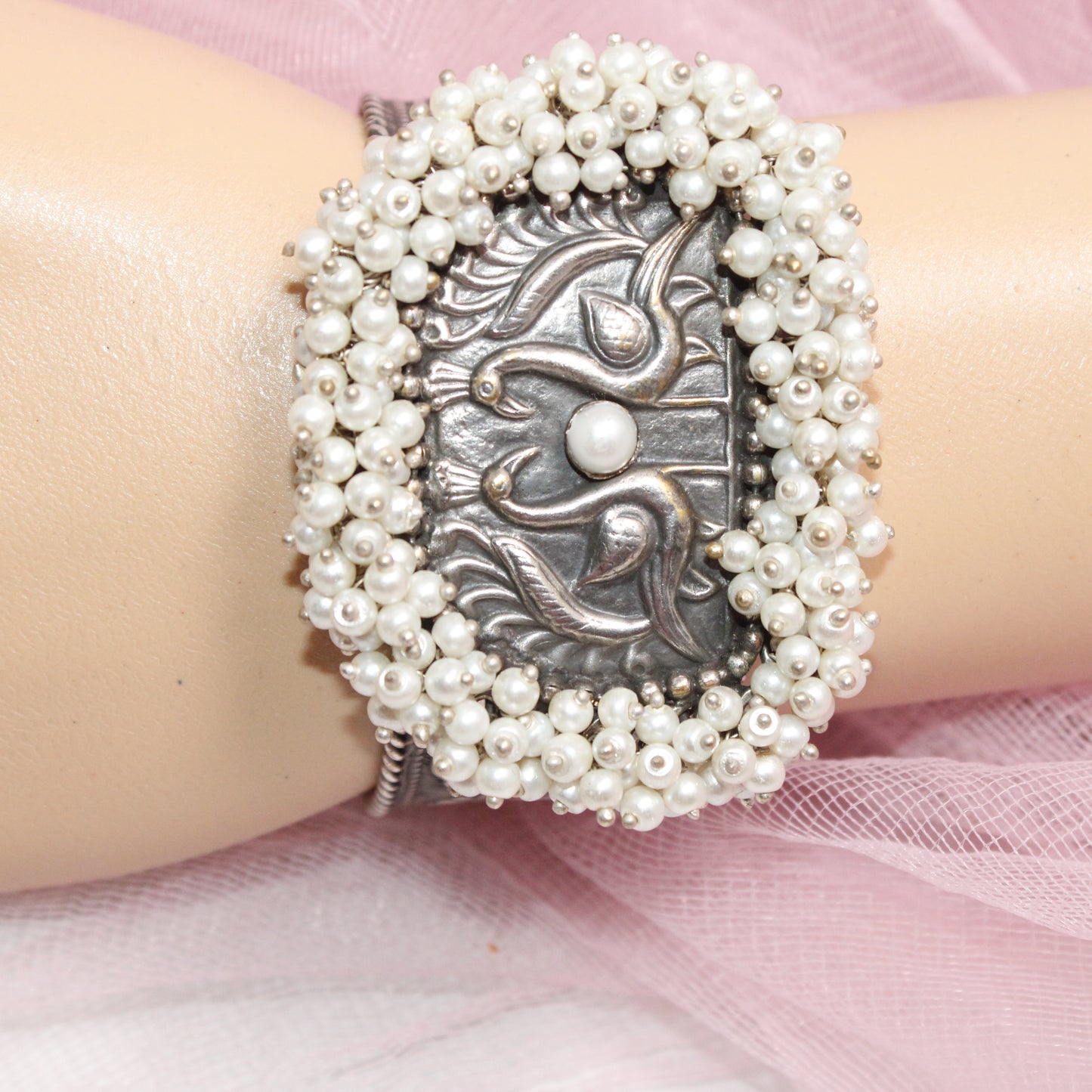 SILVER REPLICA CUFF BRACELET WITH PEARLS