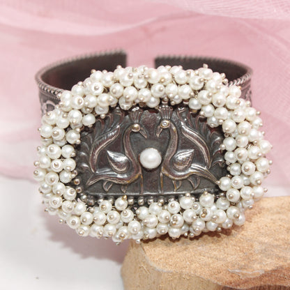 SILVER REPLICA CUFF BRACELET WITH PEARLS