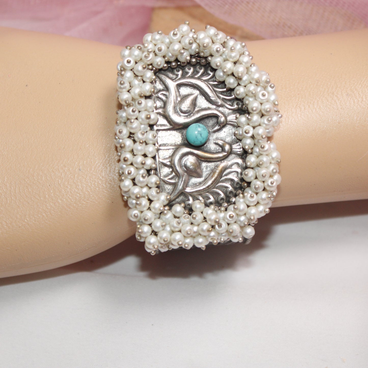 SILVER REPLICA CUFF BRACELET WITH PEARLS