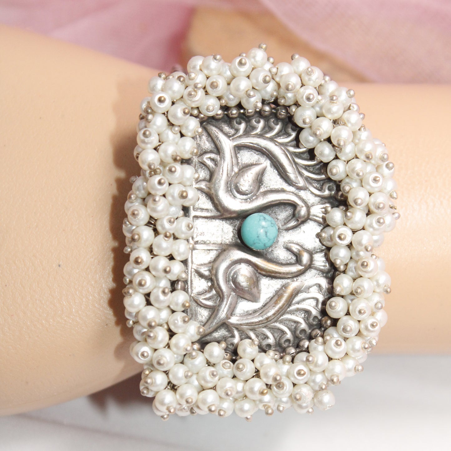 SILVER REPLICA CUFF BRACELET WITH PEARLS