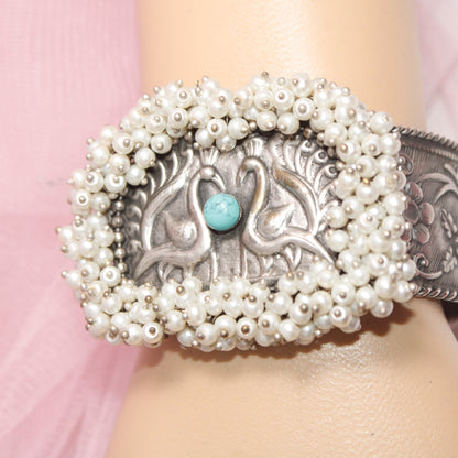 SILVER REPLICA CUFF BRACELET WITH PEARLS