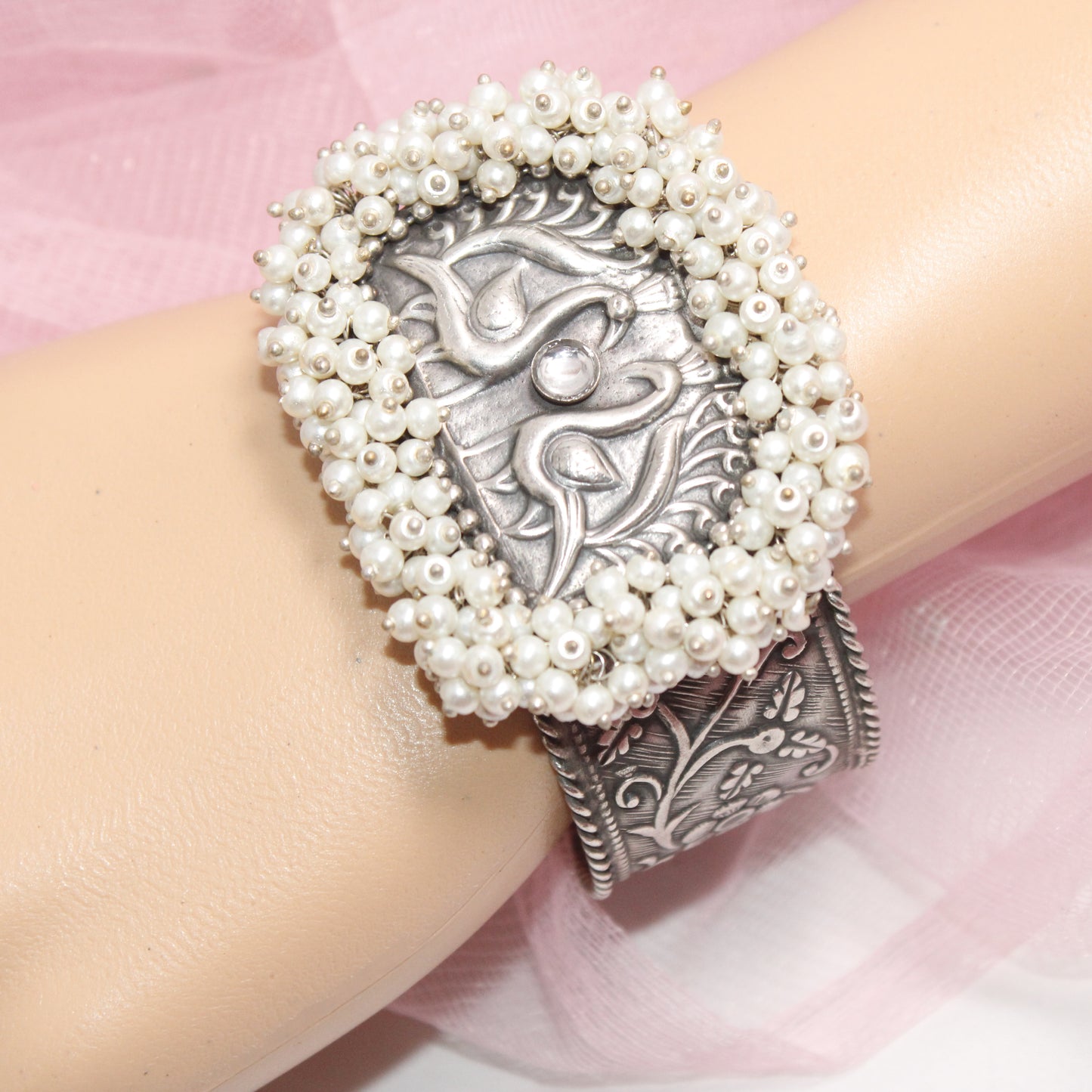 SILVER REPLICA CUFF BRACELET WITH PEARLS