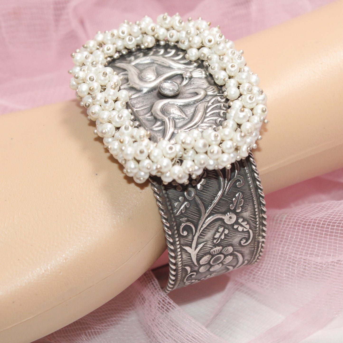 SILVER REPLICA CUFF BRACELET WITH PEARLS