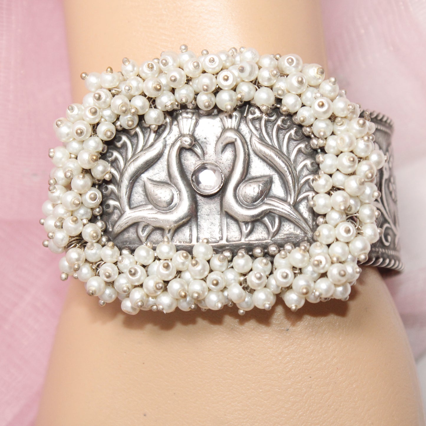 SILVER REPLICA CUFF BRACELET WITH PEARLS