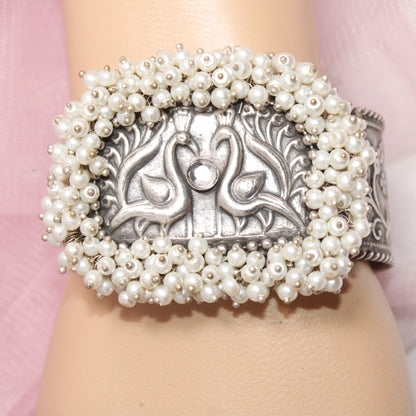 SILVER REPLICA CUFF BRACELET WITH PEARLS