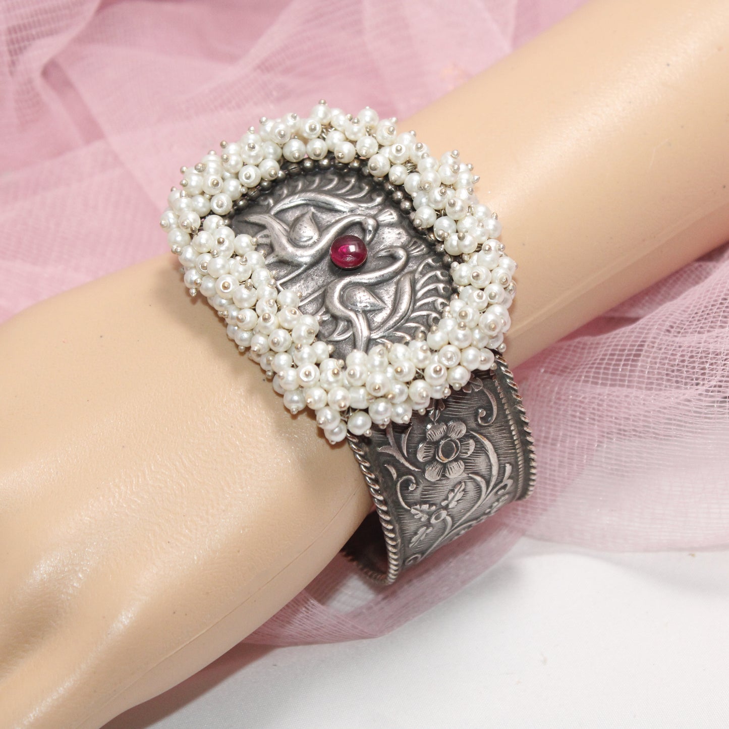 SILVER REPLICA CUFF BRACELET WITH PEARLS