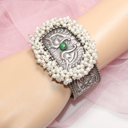 SILVER REPLICA CUFF BRACELET WITH PEARLS