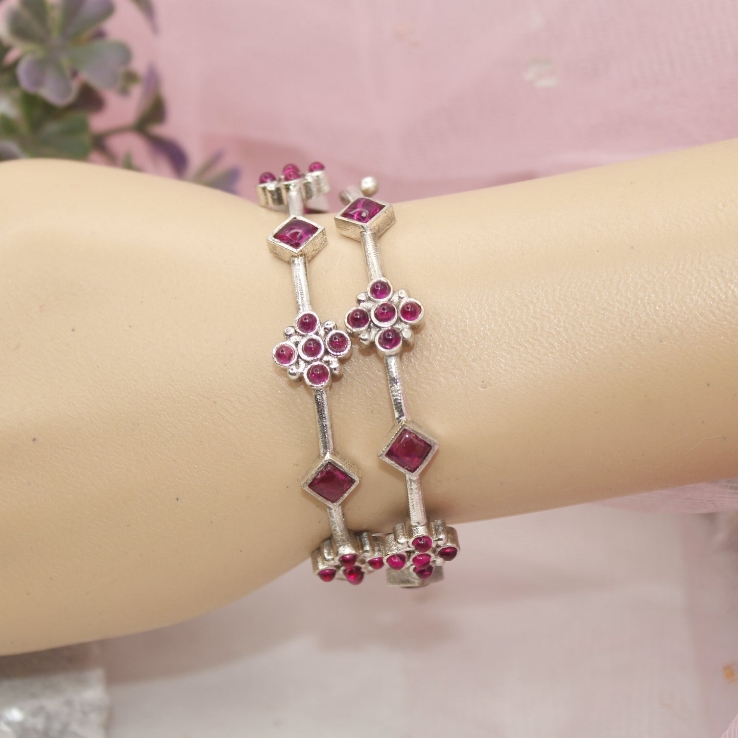 SILVER REPLICA THIN BRACELET-PAIR OF TWO-WINE