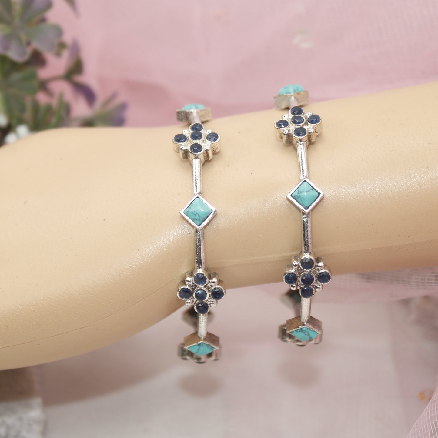 SILVER REPLICA THIN BRACELET-PAIR OF TWO-TURQUOISE