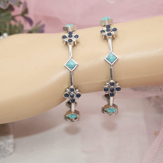 SILVER REPLICA THIN BRACELET-PAIR OF TWO-TURQUOISE