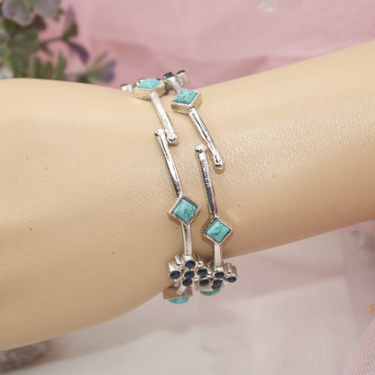 SILVER REPLICA THIN BRACELET-PAIR OF TWO-TURQUOISE