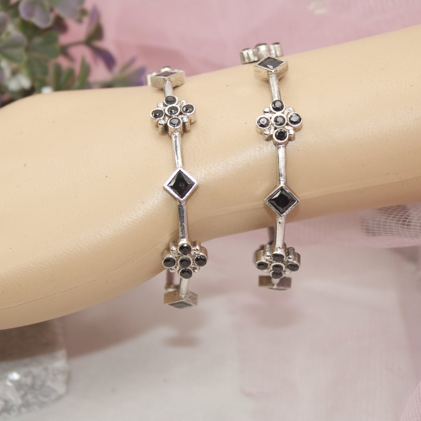 SILVER REPLICA THIN BRACELET-PAIR OF TWO-BLACK