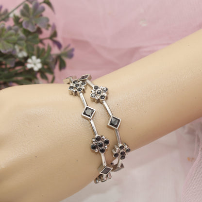 SILVER REPLICA THIN BRACELET-PAIR OF TWO-BLACK