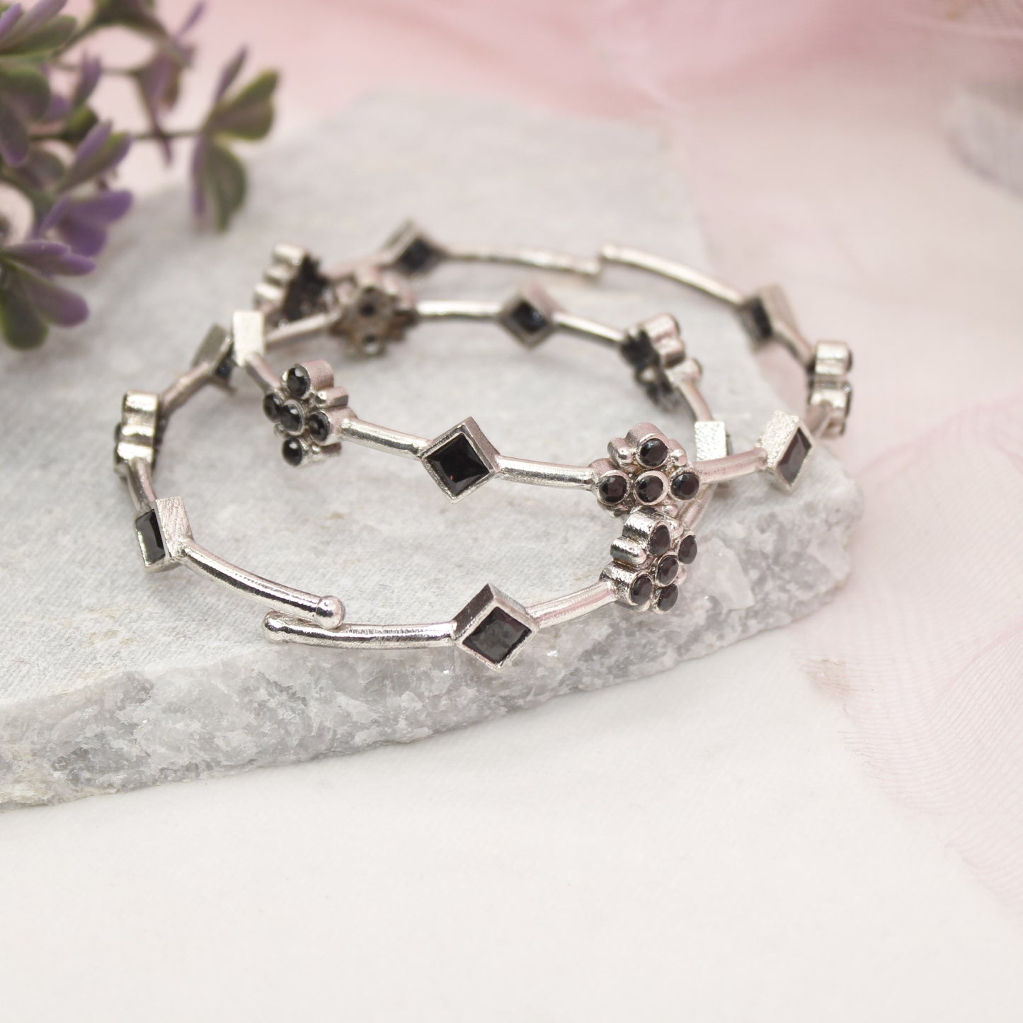 SILVER REPLICA THIN BRACELET-PAIR OF TWO-BLACK