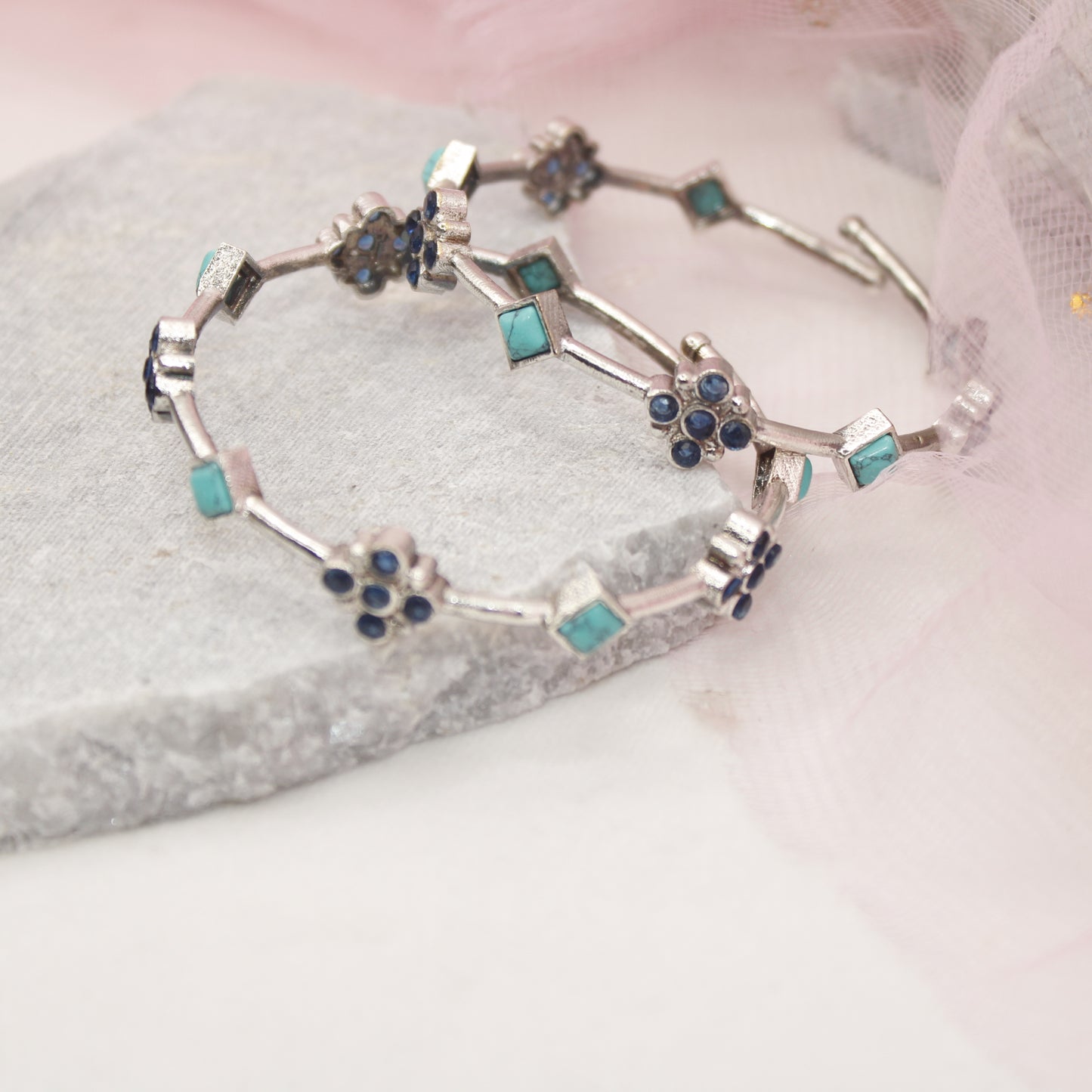 SILVER REPLICA THIN BRACELET-PAIR OF TWO-TURQUOISE