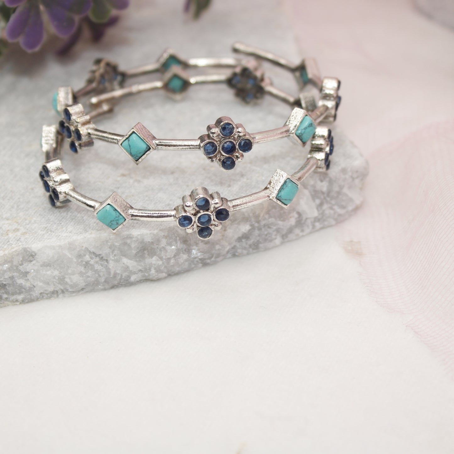 SILVER REPLICA THIN BRACELET-PAIR OF TWO-TURQUOISE