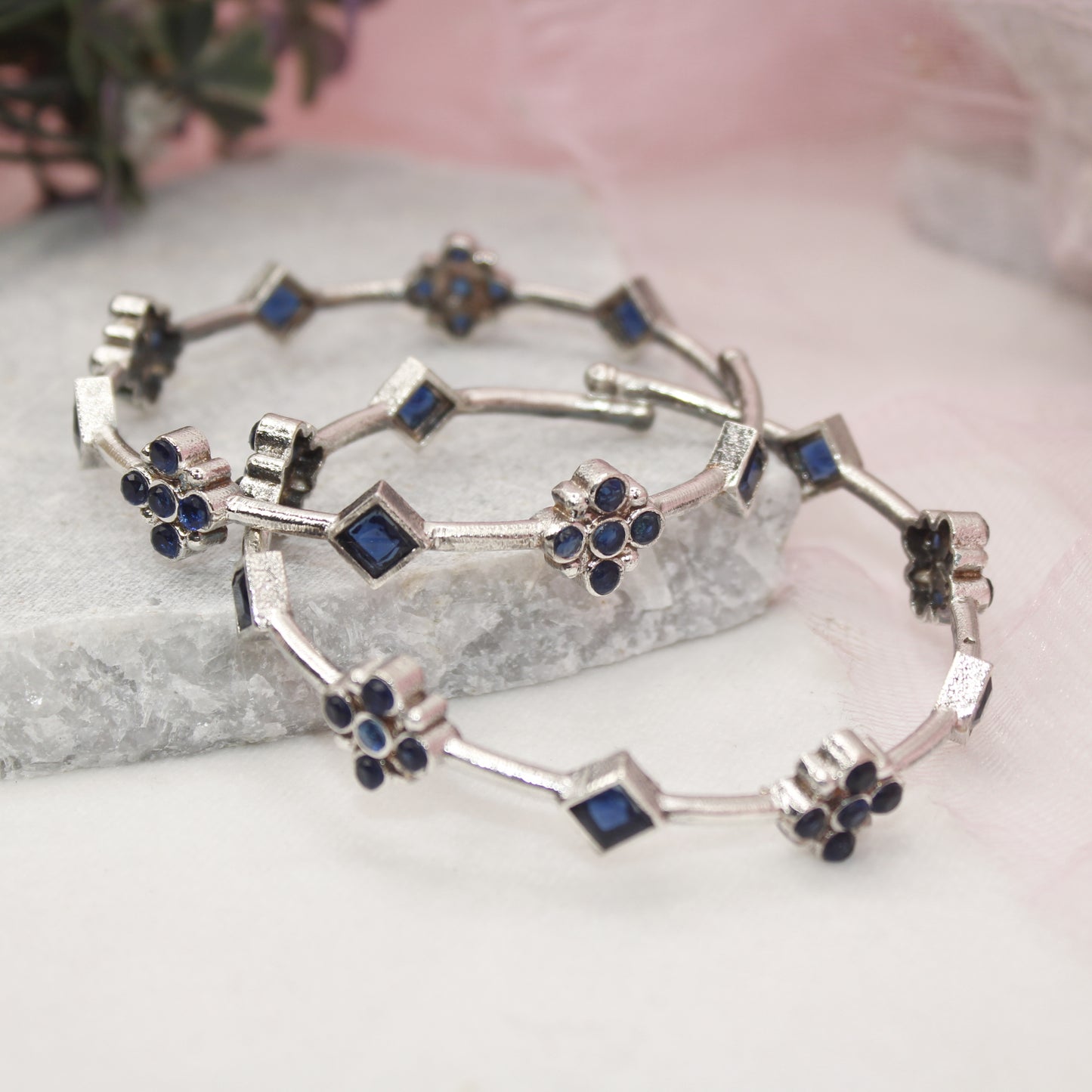 SILVER REPLICA THIN BRACELET-PAIR OF TWO-BLUE