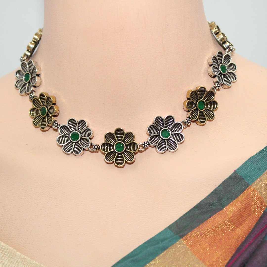 AARYA DUAL TONE NECKLACE SET-GREEN -Necklaces