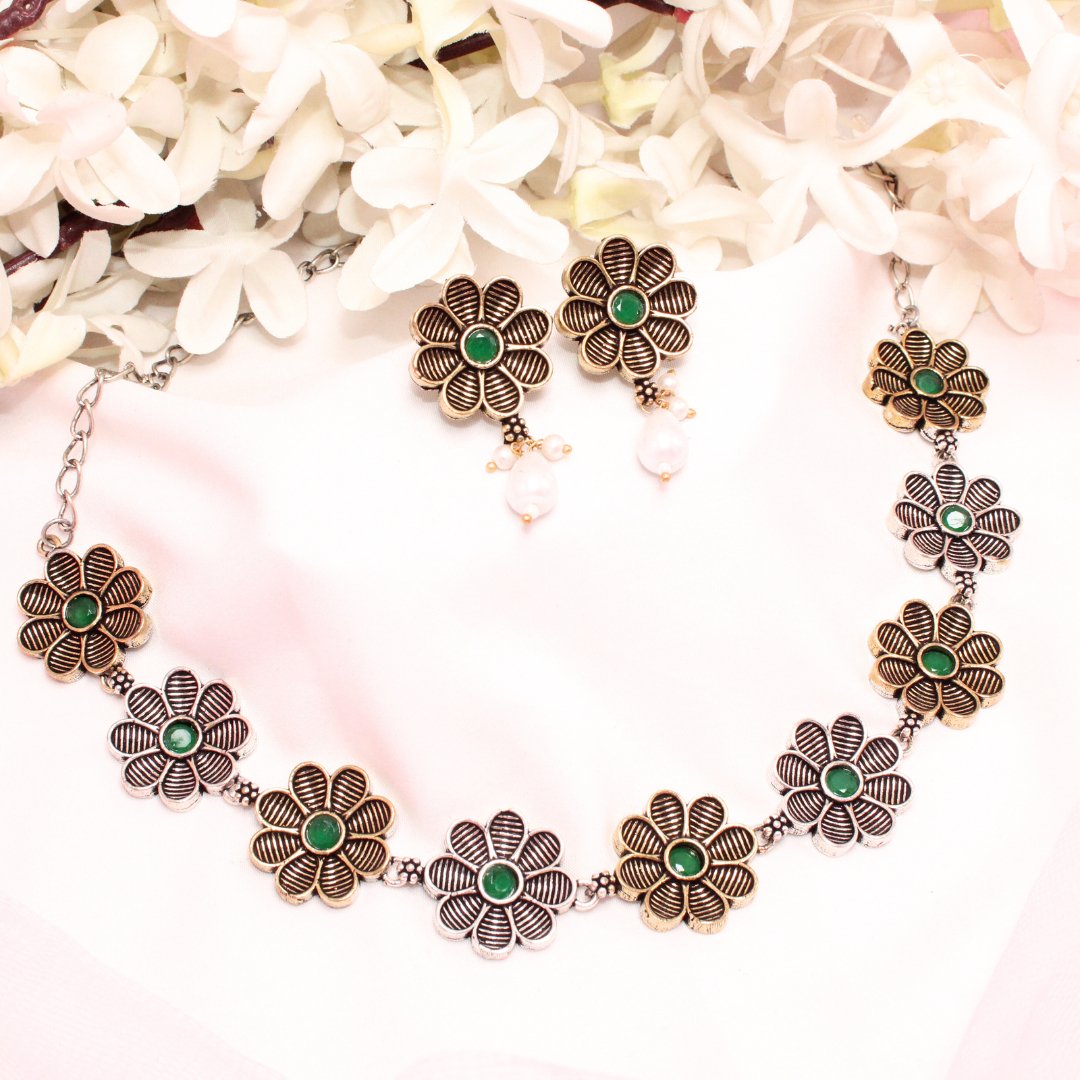 AARYA DUAL TONE NECKLACE SET-GREEN -Necklaces