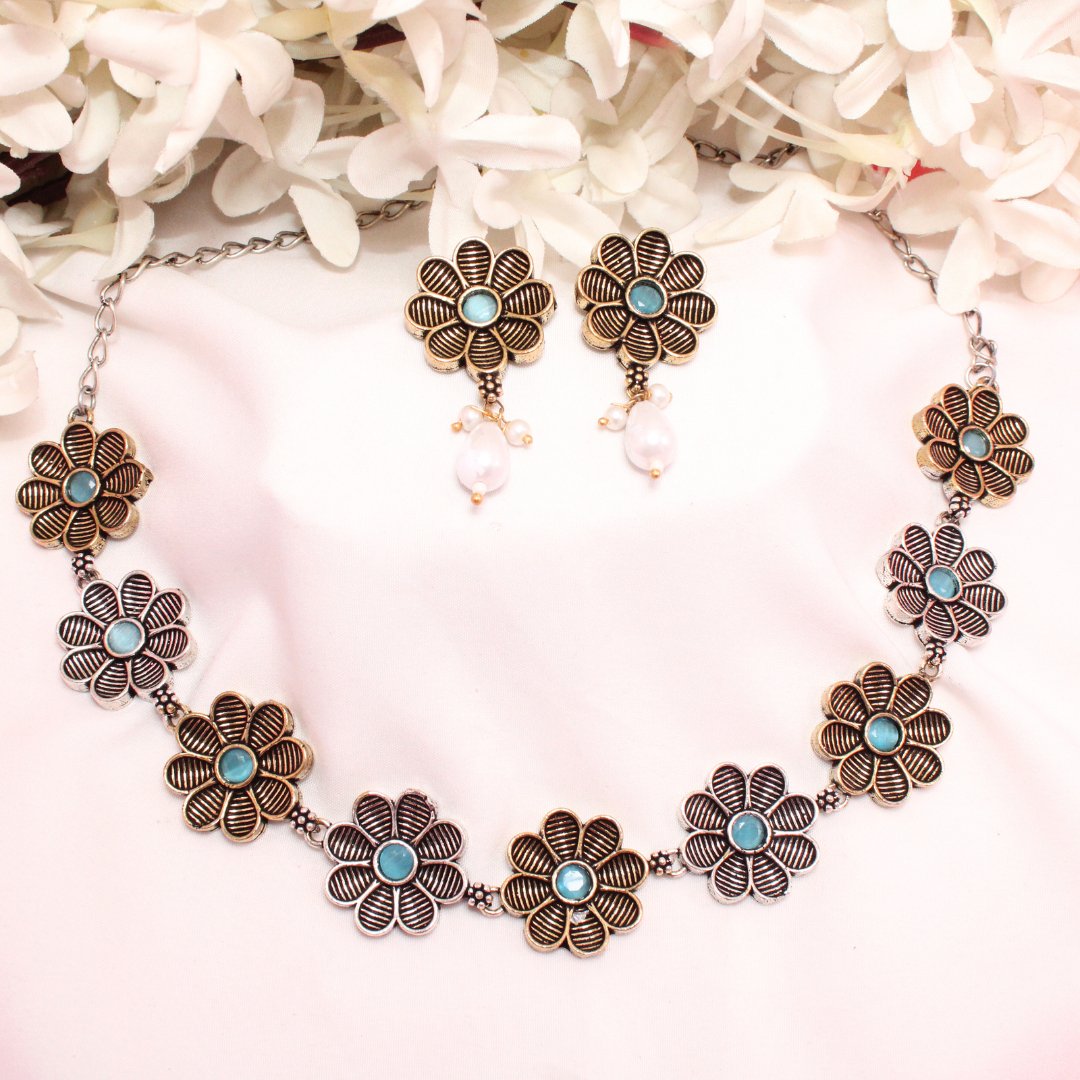 AARYA DUAL TONE NECKLACE SET-LIGHT BLUE -Necklaces