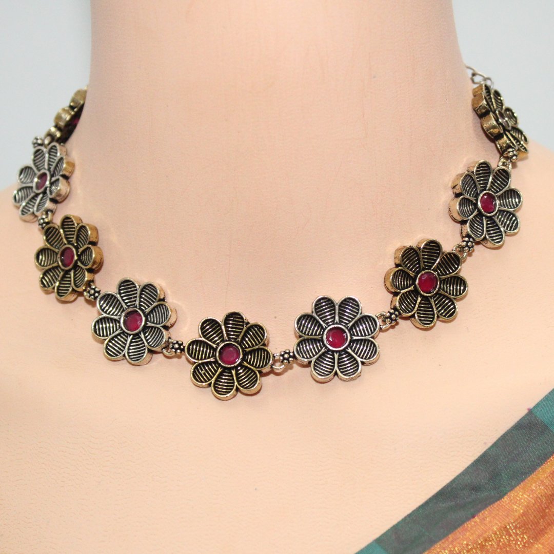 AARYA DUAL TONE NECKLACE SET-RED -Necklaces