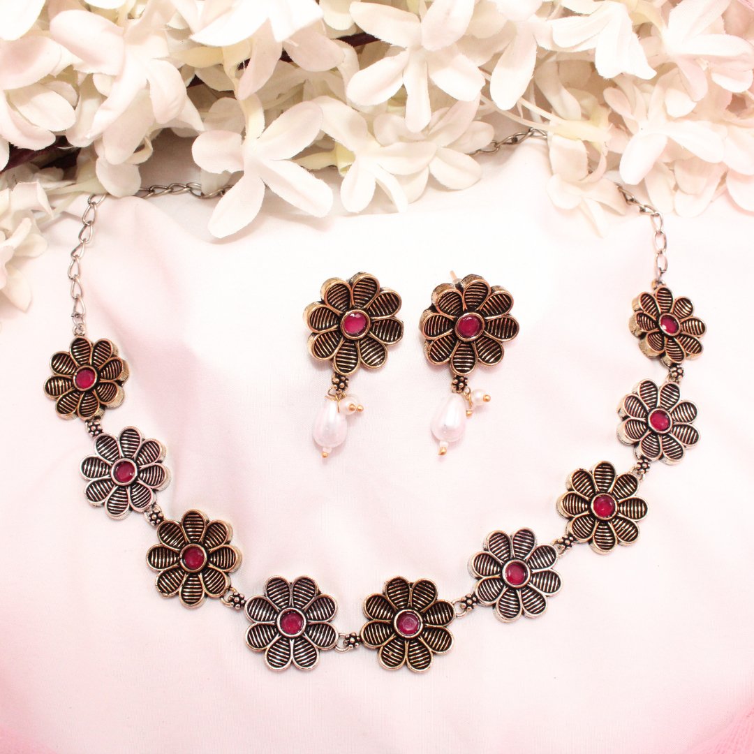 AARYA DUAL TONE NECKLACE SET-RED -Necklaces