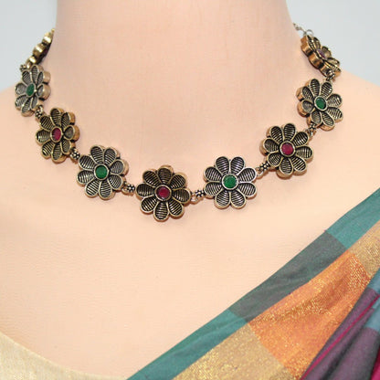 AARYA DUAL TONE NECKLACE SET-RED & GREEN -Necklaces