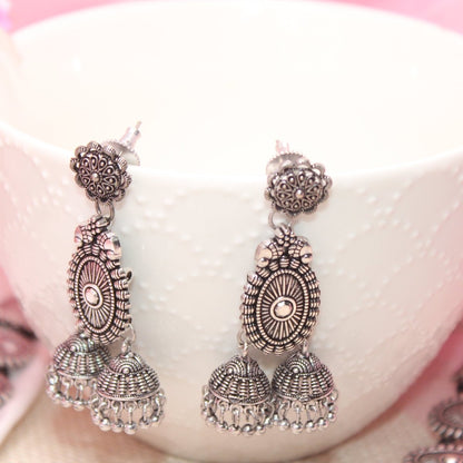 BANJARA PENDANT SET-DOUBLE JHUMKI PATTERN-PEACOCK PAIR-BLACK -Charms & Pendants