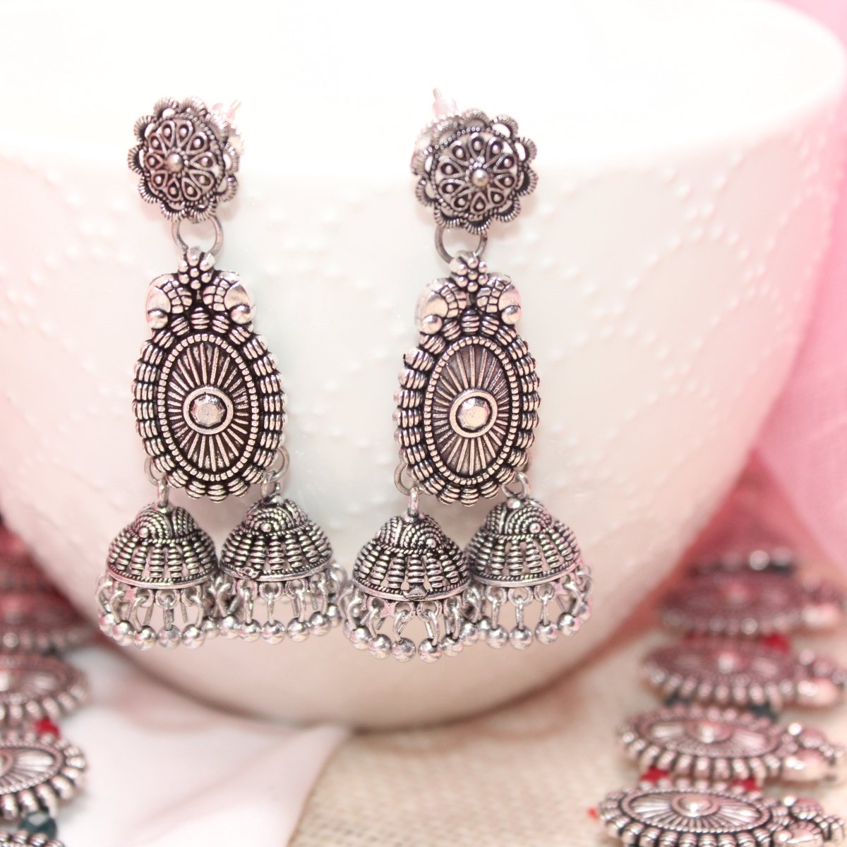 BANJARA PENDANT SET-DOUBLE JHUMKI PATTERN-PEACOCK PAIR-MAROON & GREEN -Charms & Pendants