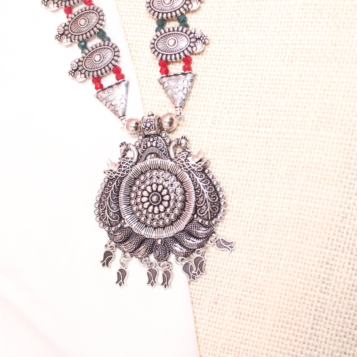 BANJARA PENDANT SET-DOUBLE JHUMKI PATTERN-PEACOCK PAIR-MAROON & GREEN -Charms & Pendants