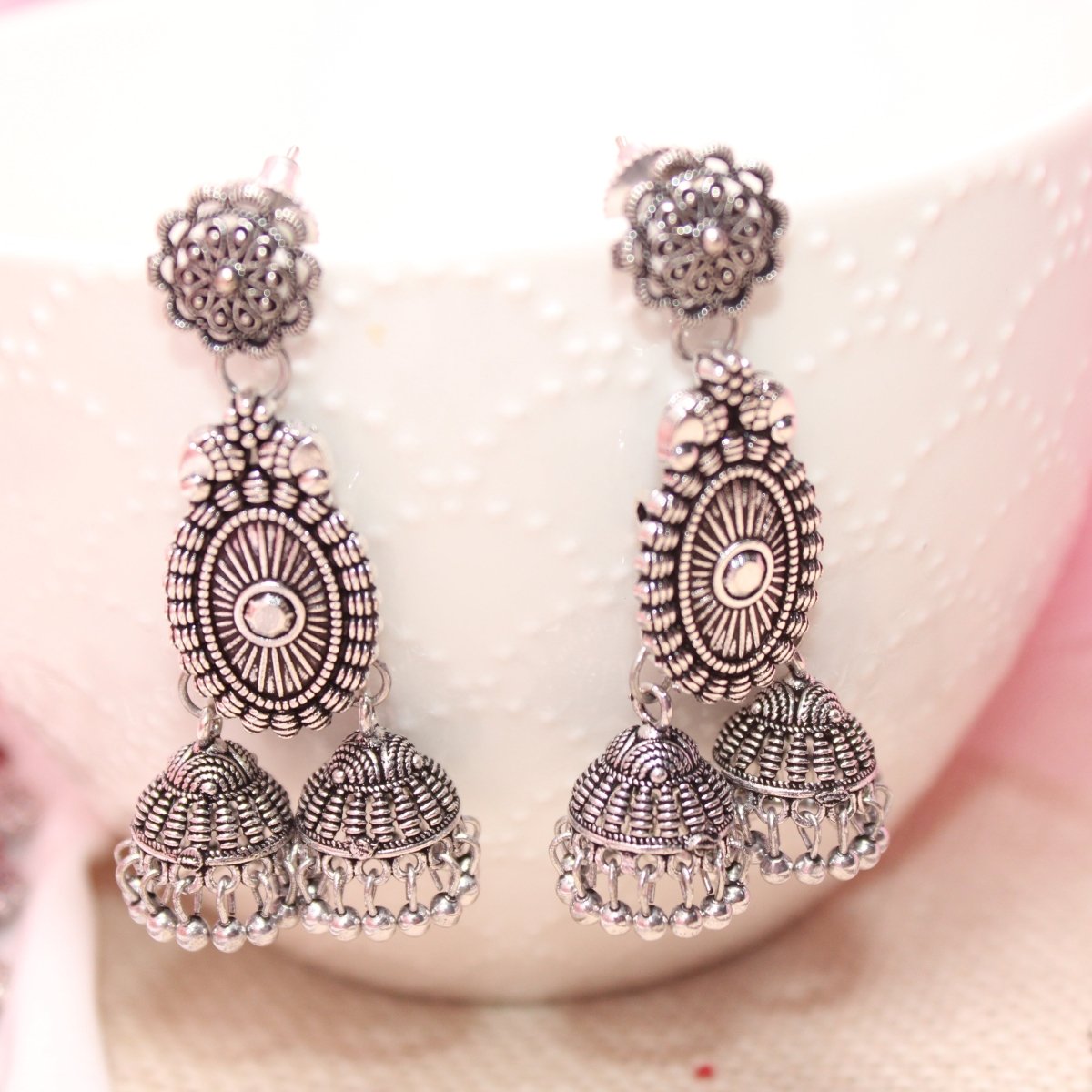 BANJARA PENDANT SET-DOUBLE JHUMKI PATTERN-PEACOCK-RED & WHITE -Charms & Pendants