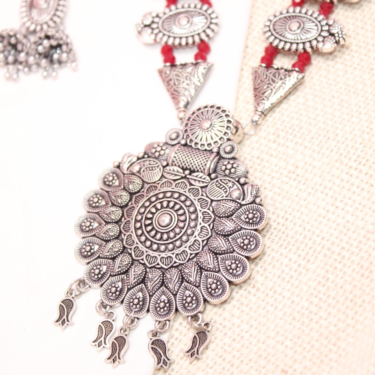 BANJARA PENDANT SET-DOUBLE JHUMKI PATTERN-RED -Charms & Pendants