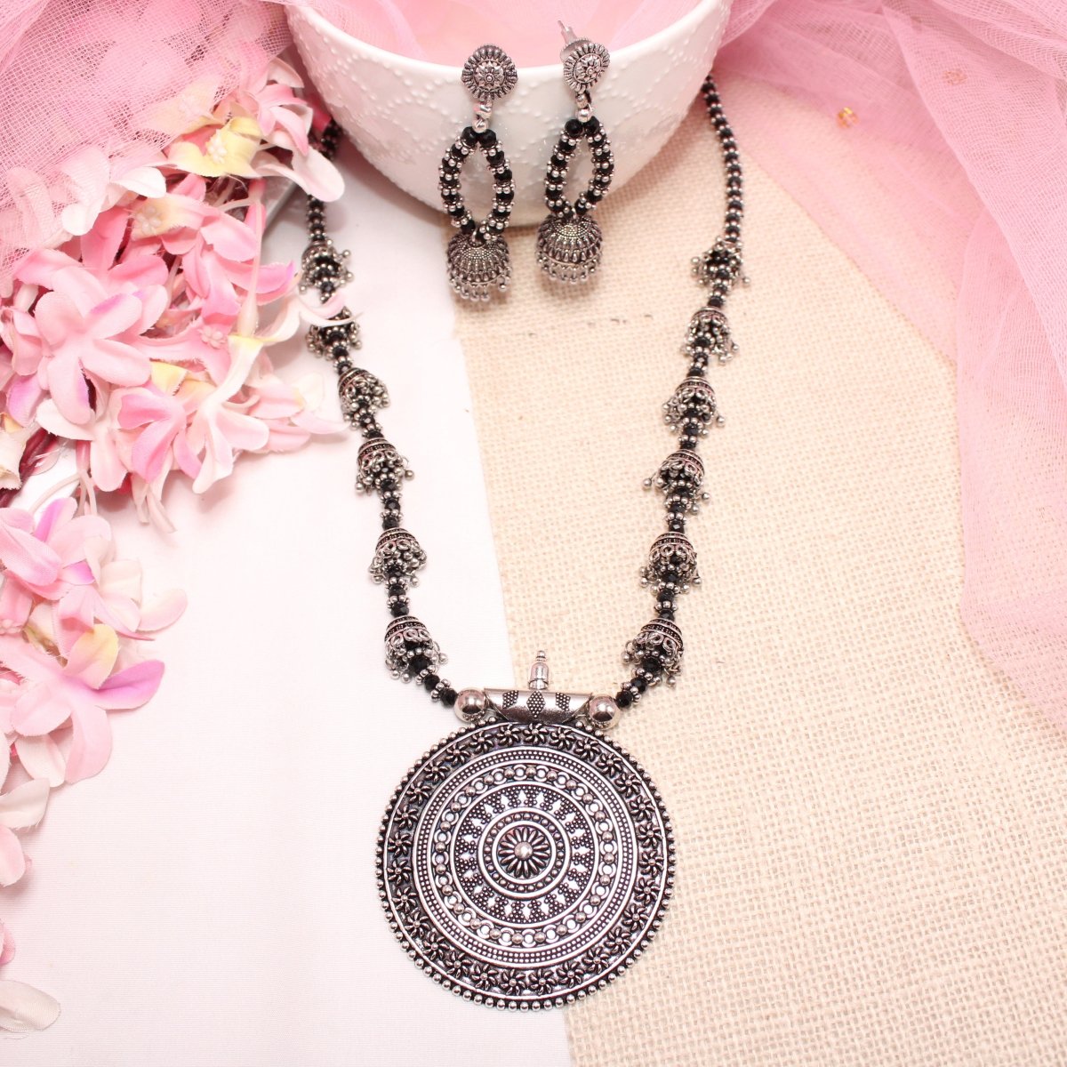 BANJARA PENDANT SET-JHUMKI PATTERN-CHAKRA-BLACK -Charms & Pendants