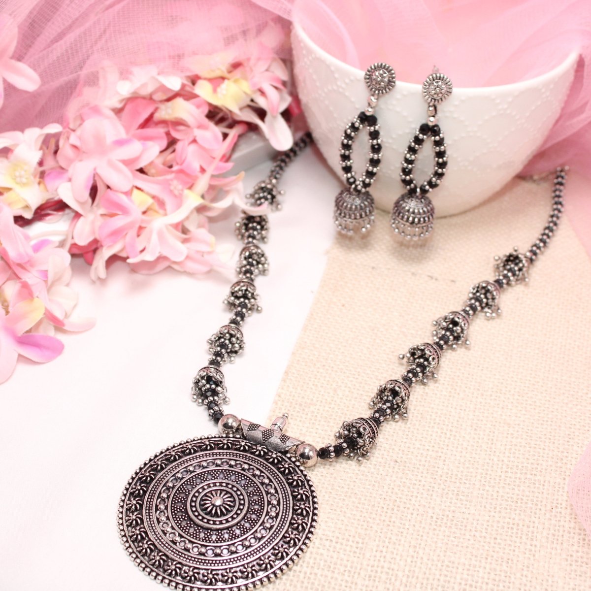 BANJARA PENDANT SET-JHUMKI PATTERN-CHAKRA-BLACK -Charms & Pendants