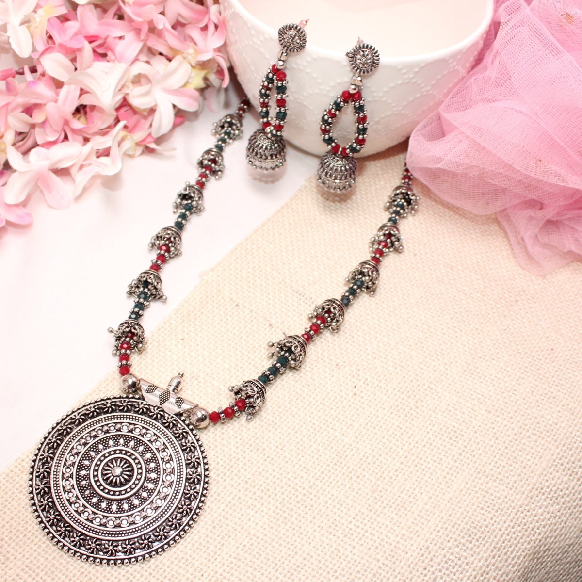 BANJARA PENDANT SET-JHUMKI PATTERN-CHAKRA-MAROON & GREEN -Charms & Pendants