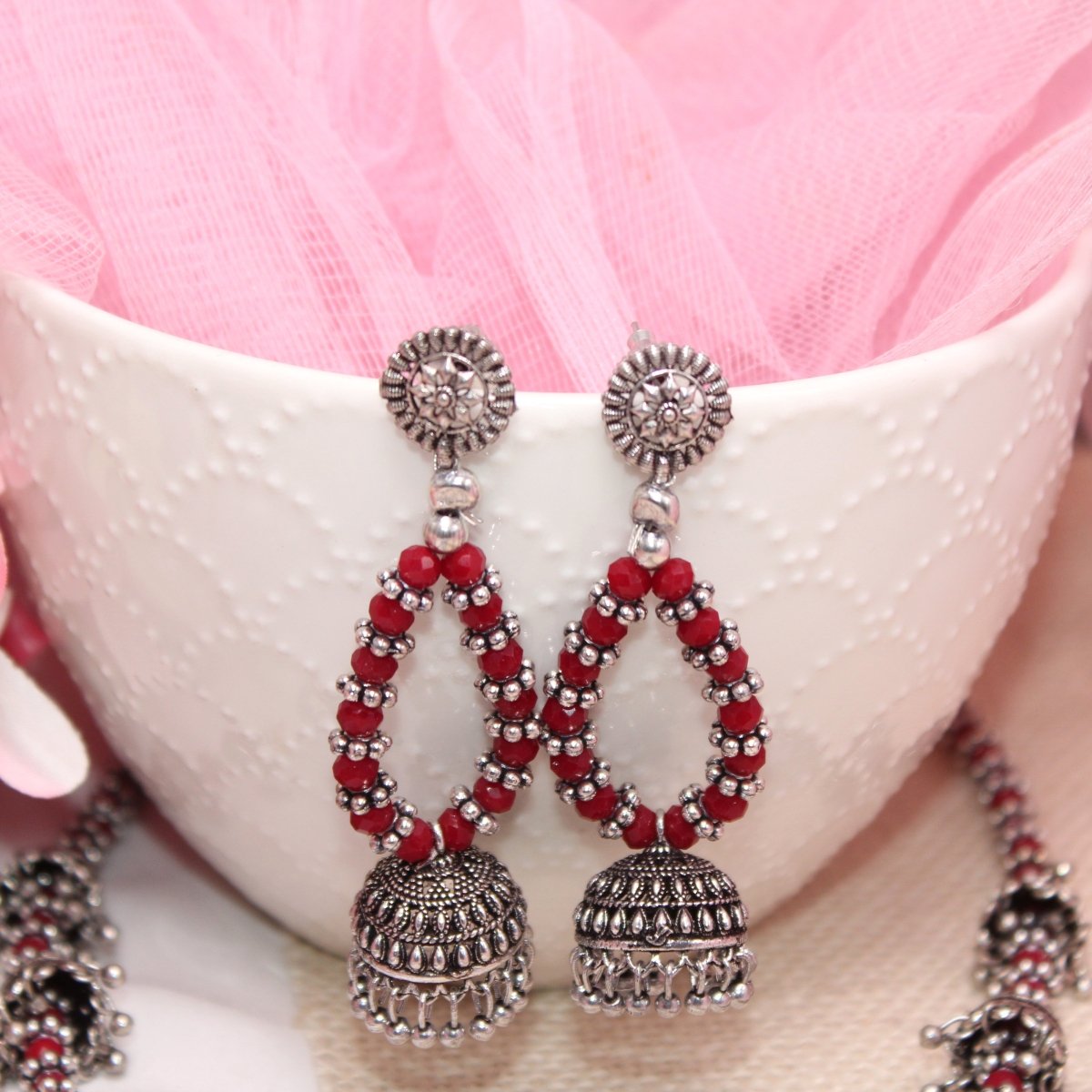 BANJARA PENDANT SET-JHUMKI PATTERN-CHAKRA PATTERN-RED -Charms & Pendants