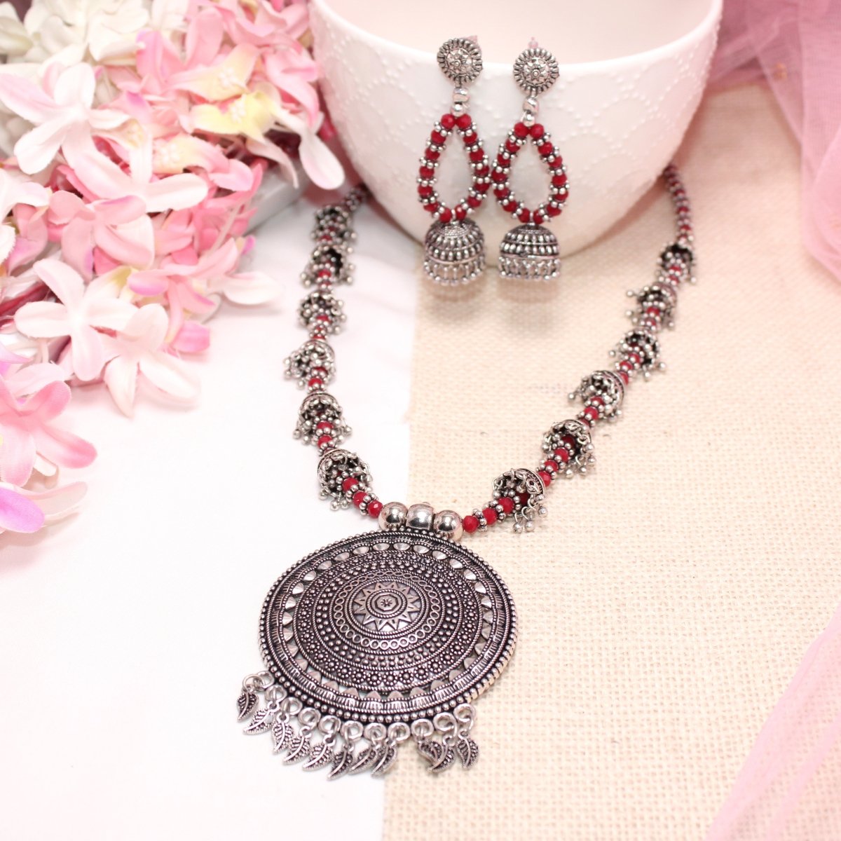 BANJARA PENDANT SET-JHUMKI PATTERN-CHAKRA PATTERN-RED -Charms & Pendants