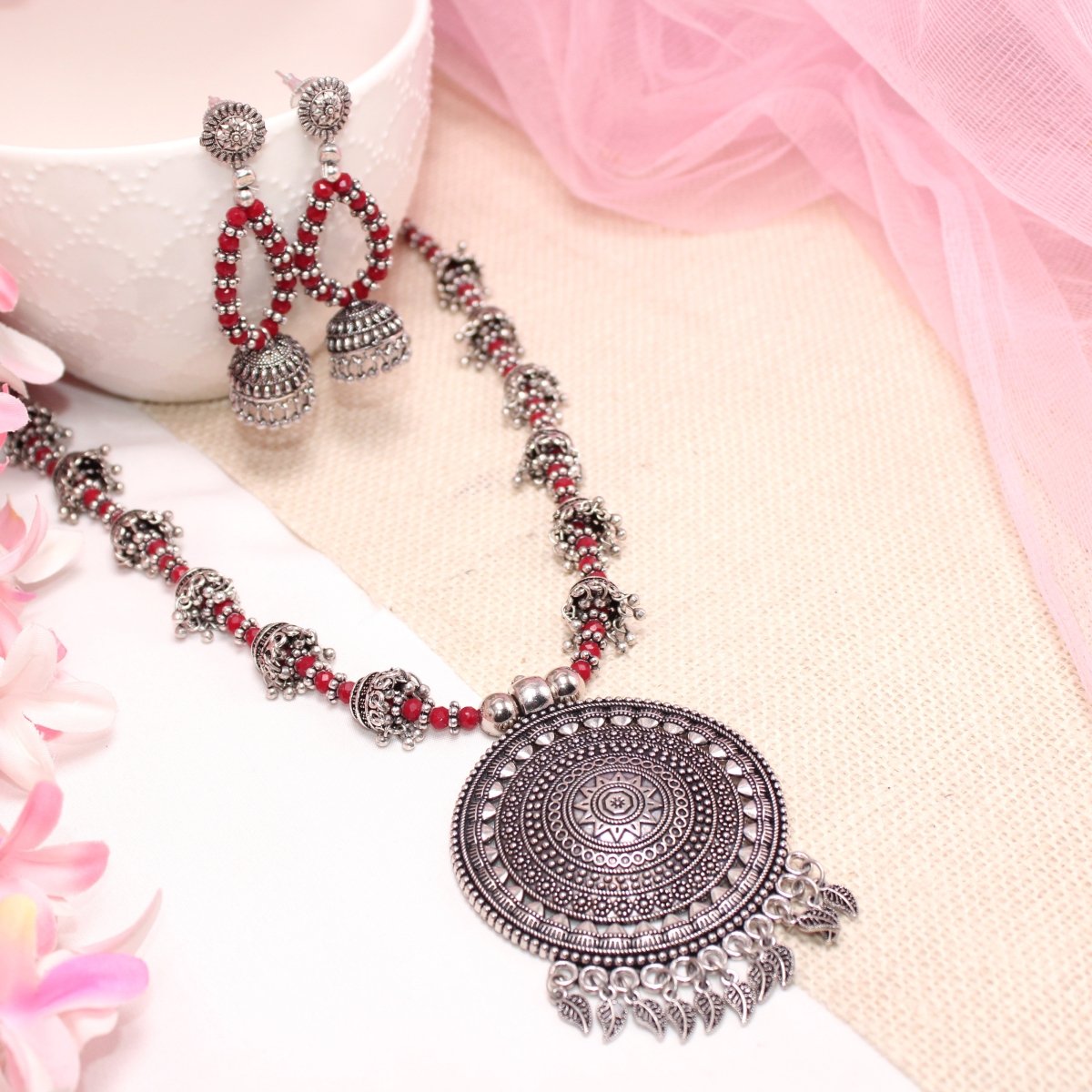 BANJARA PENDANT SET-JHUMKI PATTERN-CHAKRA PATTERN-RED -Charms & Pendants