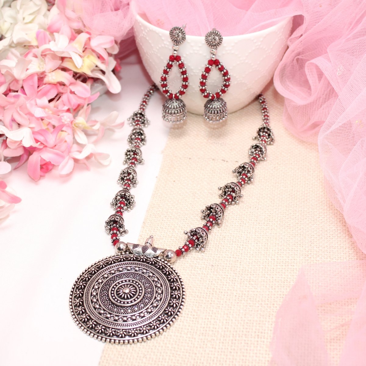 BANJARA PENDANT SET-JHUMKI PATTERN-CHAKRA-RED -Charms & Pendants