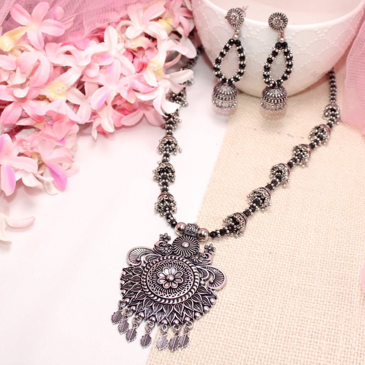 BANJARA PENDANT SET-JHUMKI PATTERN-PEACOCK PAIR-BLACK -Charms & Pendants