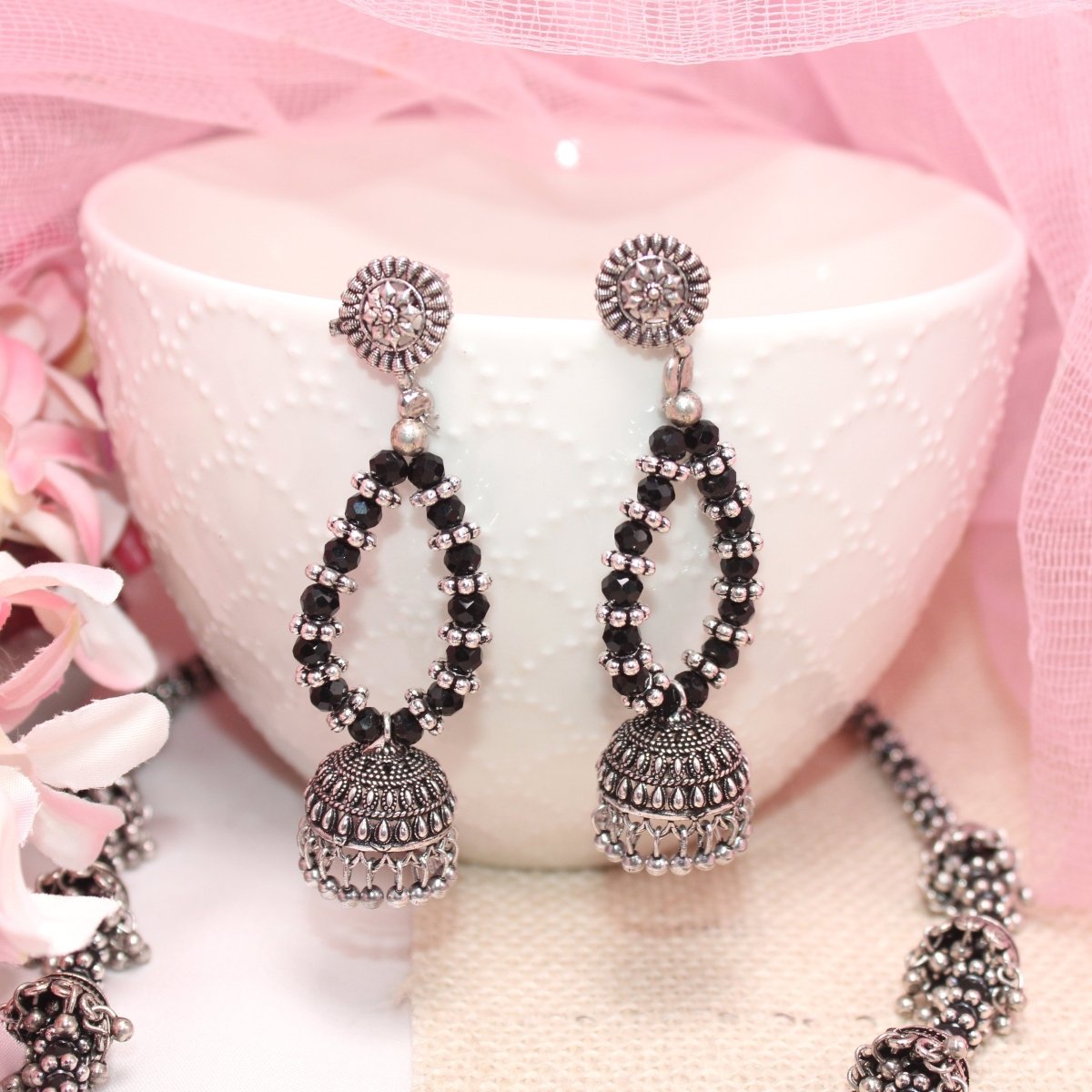 BANJARA PENDANT SET-JHUMKI PATTERN-PEACOCK PAIR-BLACK -Charms & Pendants