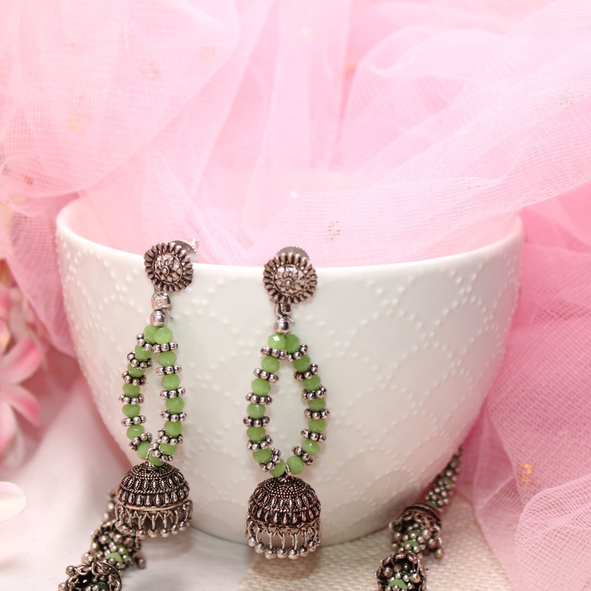 BANJARA PENDANT SET-JHUMKI PATTERN-PEACOCK PAIR-GREEN -Charms & Pendants